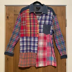 Carole Little Mixed Media Patchwork Blouse Top Womens 12 Madras Plaid Button up